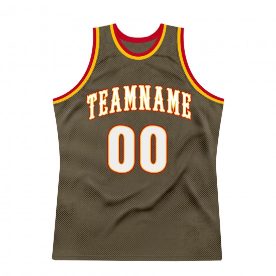 Custom Olive White-Red Authentic Throwback Basketball Jersey
